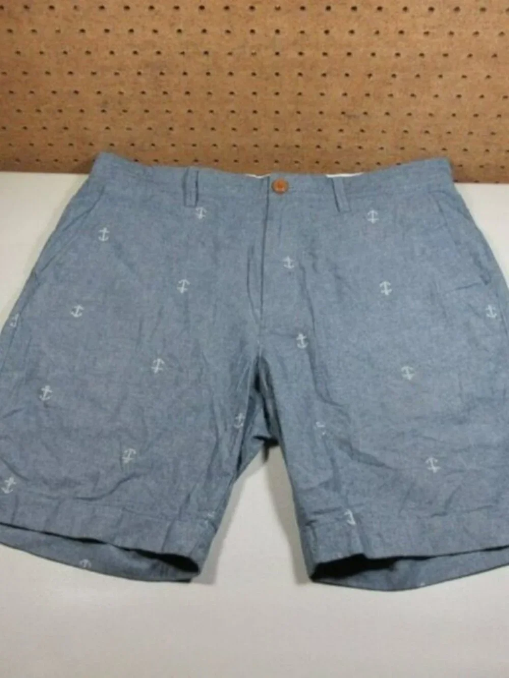 JCrew men solid blue Gramercy anchors chambray sailing chino shorts 34 e7961 EUC